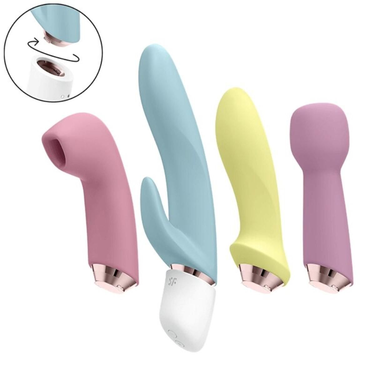 Vier Vibratoren in Pastellfarben. Rosa, gelb, hellblau und lila. Mit metallischen Akzenten und abnehmbaren Aufsätzen.