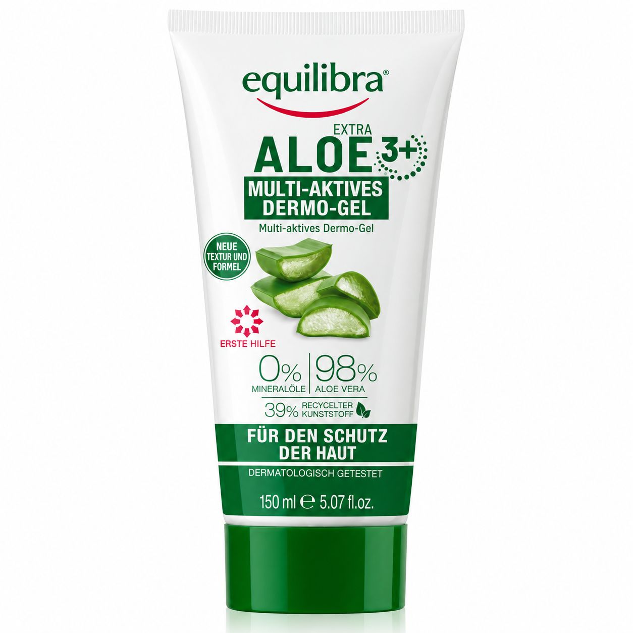 Equilibra Extra Aloe 3+ Multi-Aktives Dermo-Gel in weißer Tube mit grünem Deckel.