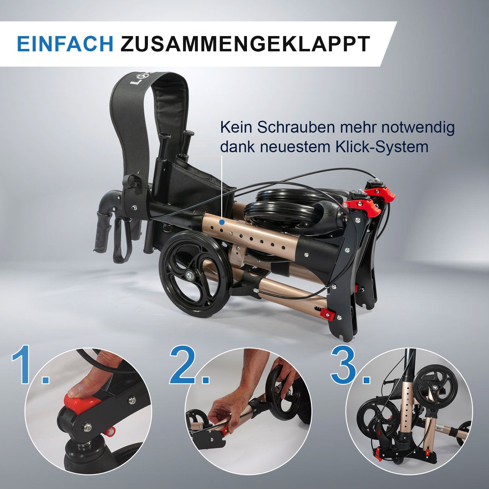 Rollator, einfach zusammengeklappt. Text: „Kein Schrauben mehr notwendig dank neuem Klick-System“. 3 Schritte.