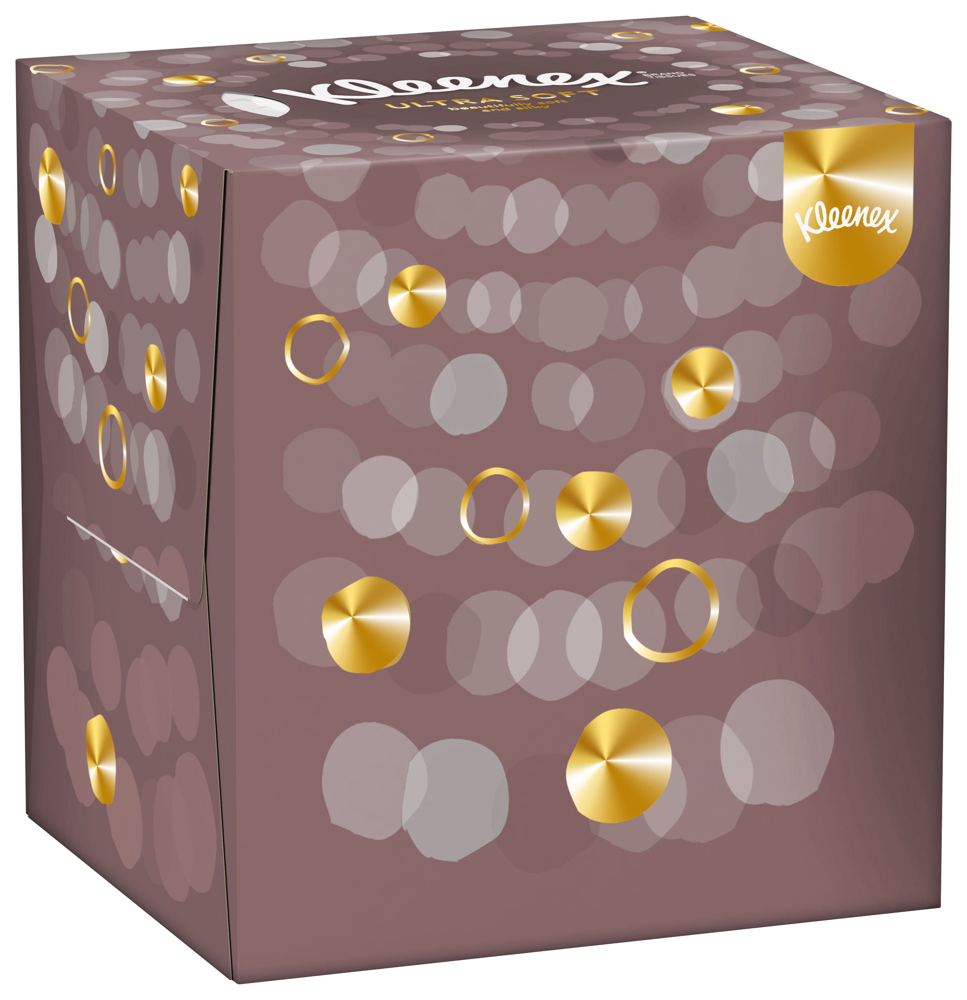 Kleenex Ultra Soft Kosmetiktücher-Box. Braune Verpackung mit goldenen Elementen. Logo sichtbar.