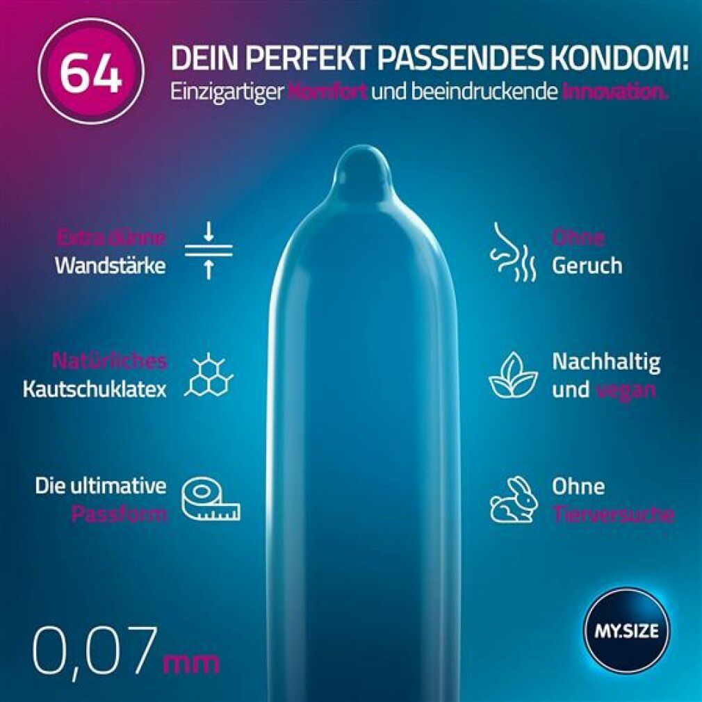 Blaues Kondom mit Illustrationen. Text: Extra Wandstärke, Geruch, Nachhaltig, Ohne Tierversuche, 0,07 mm.