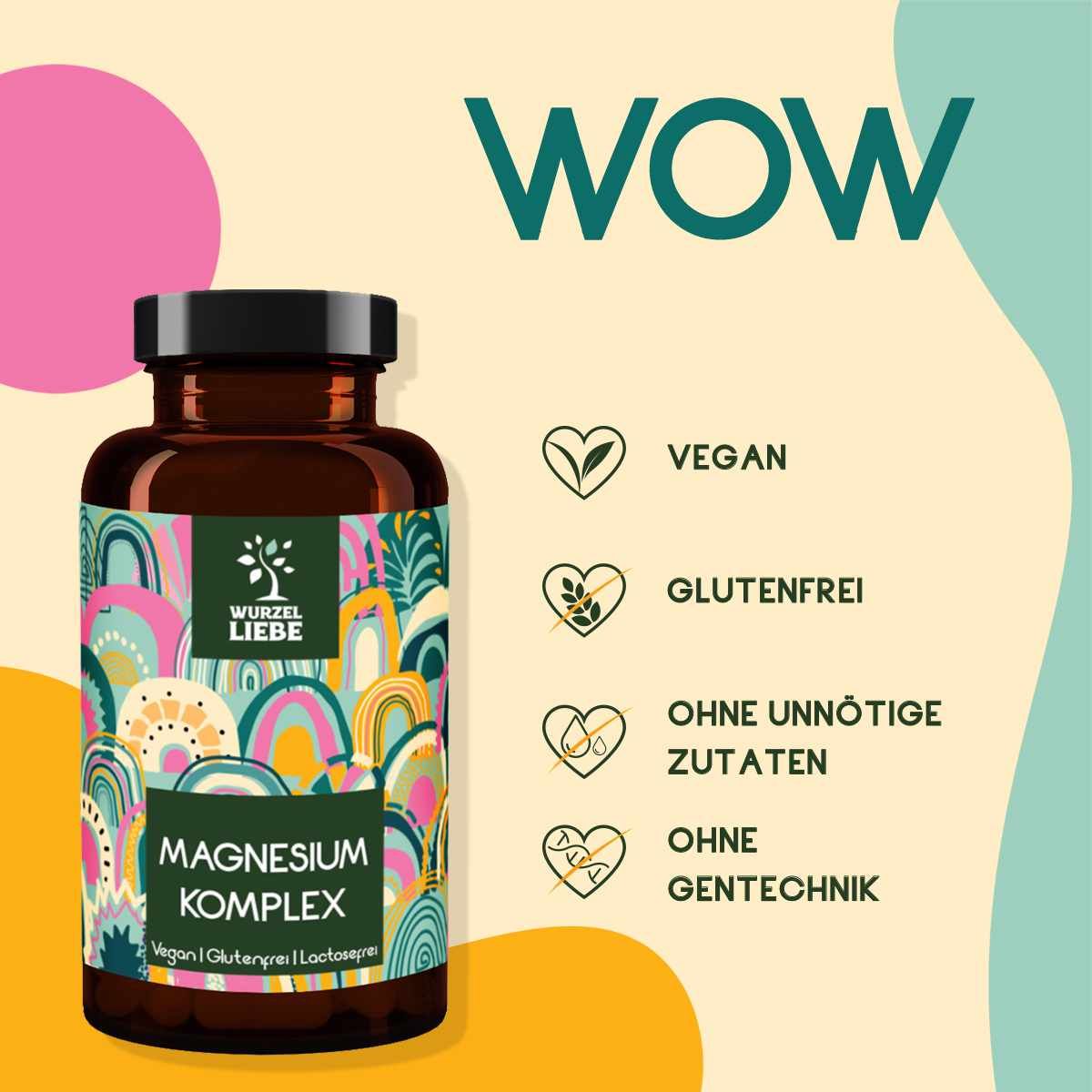 Braune Flasche mit Etikett. Aufschrift: WURZELLIEBE® Magnesium Komplex. Vegan, glutenfrei, ohne unnötige Zutaten, ohne Gentechnik.