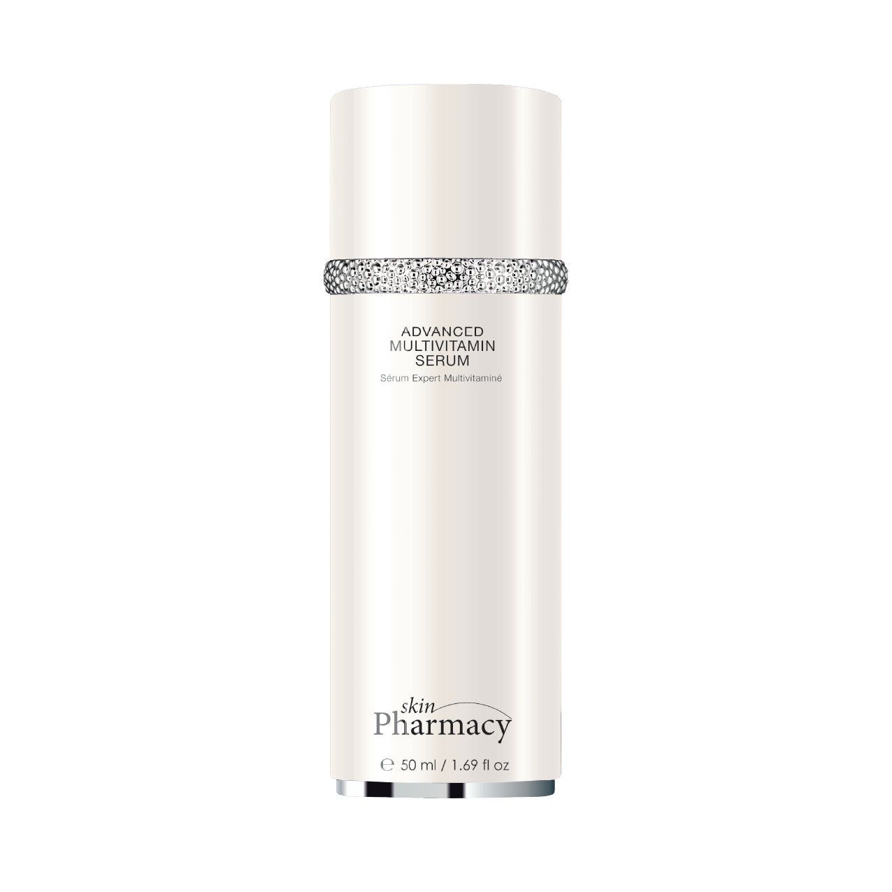 Eine weiße Flasche mit silbernem Ring und Text. Aufschrift: skinPharmacy, Advanced Multivitamin Serum. 50 ml.