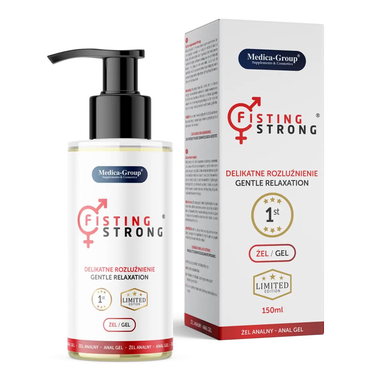Gel-Flasche mit schwarzem Pumpkopf und Karton. Aufschrift: Fisting Strong, Gentle Relaxation. 1st, Limited Edition. 150ml.