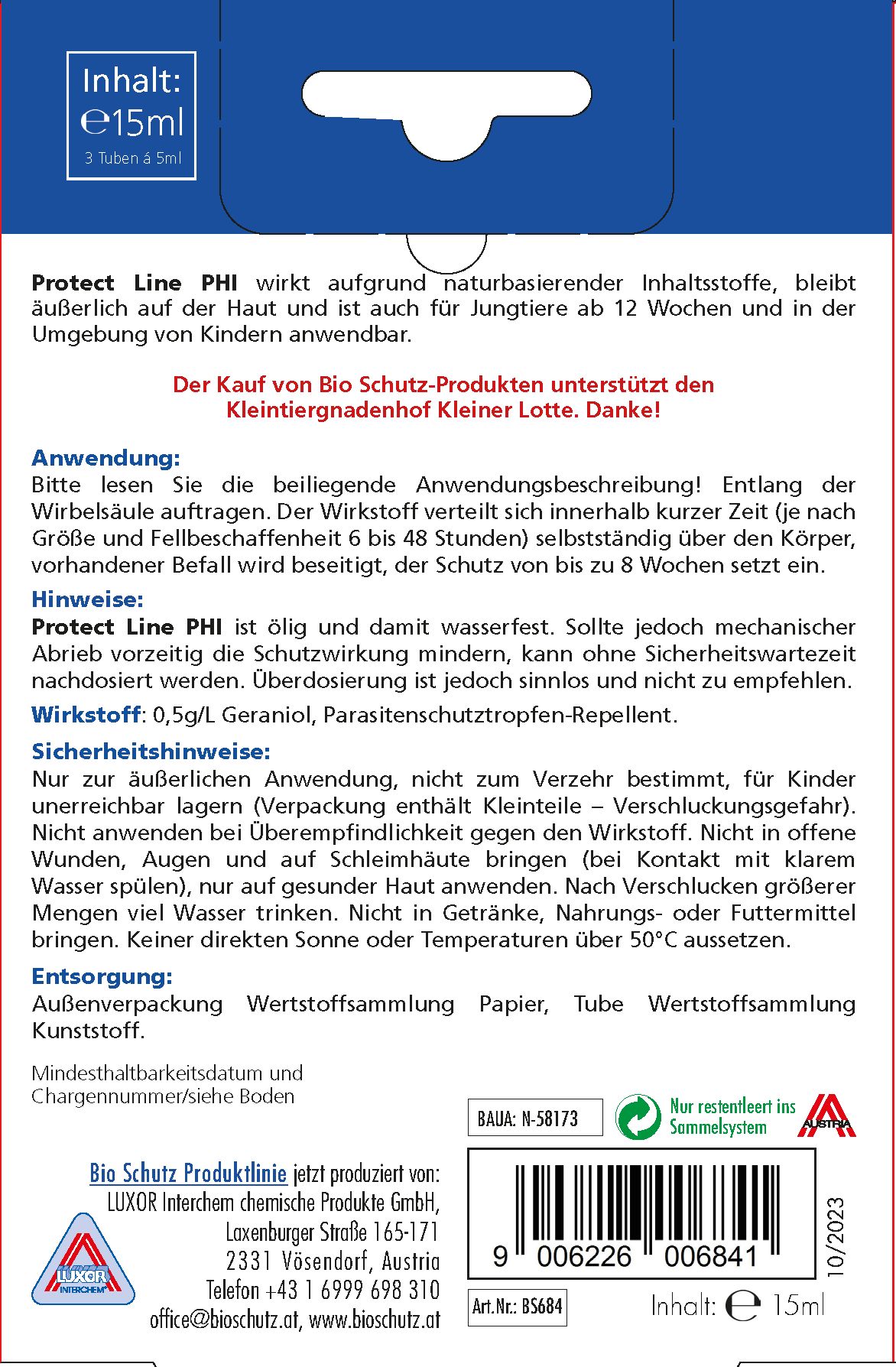 Rückseite der Produktverpackung. Text: Protect Line PHI, Wirkstoff, Sicherheitshinweise, Entsorgung. Enthält Informationen zur Anwendung und Inhaltsstoffen. Barcode und Chargennummer.