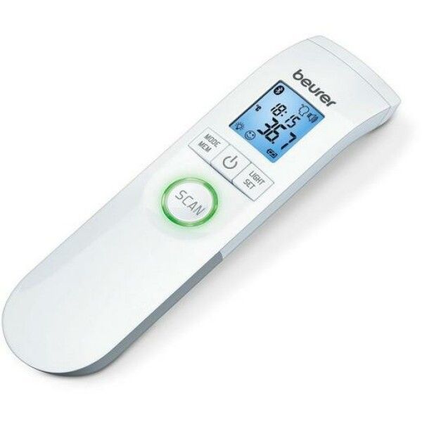 Weißes, kontaktloses Fieberthermometer mit Display. Zeigt Uhrzeit und Temperatur an. Mit Scan-Taste und Beurer-Logo.