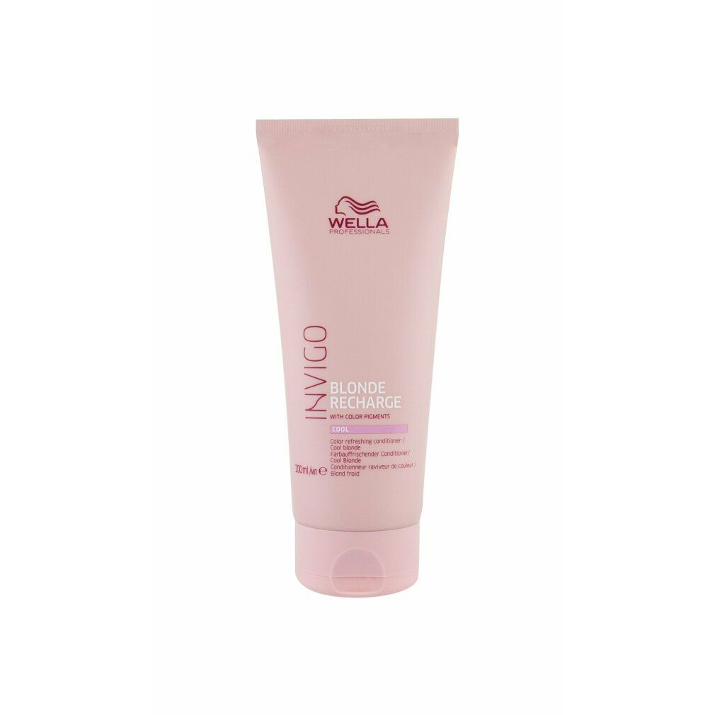 Rosa Tube mit Produktinformationen. Schriftzug: Invigo, Blonde Recharge, Cool. Marke: Wella. 200ml.