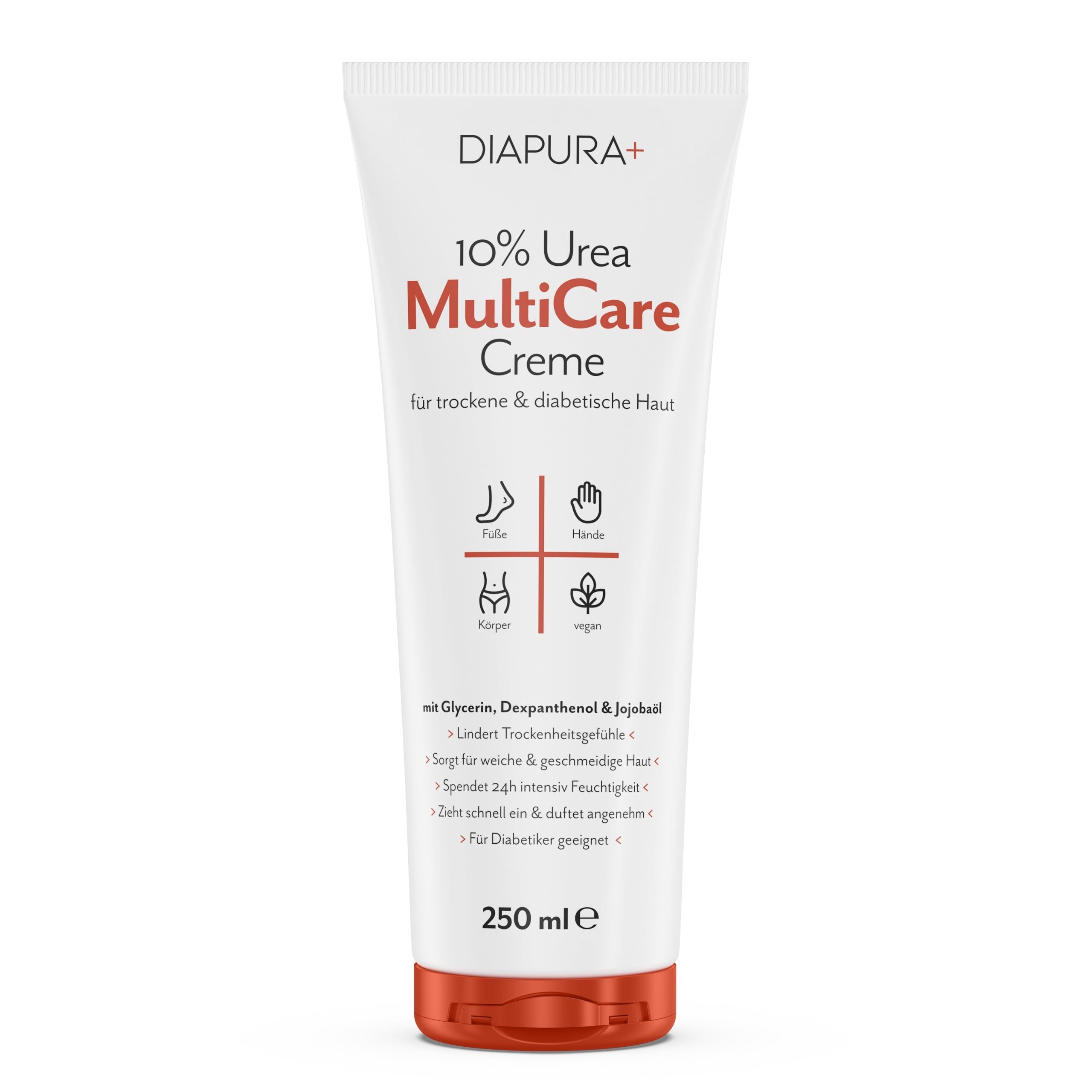 Tube DIAPURA+ 10% Urea MultiCare Creme. Text: für trockene & diabetische Haut. 250 ml.