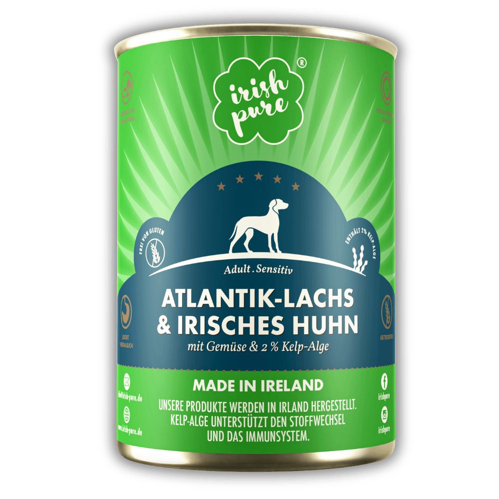 Zusammensetzung von Nassfutter für Hunde mit Lachs und Huhn, Gewicht 2,34 kg.