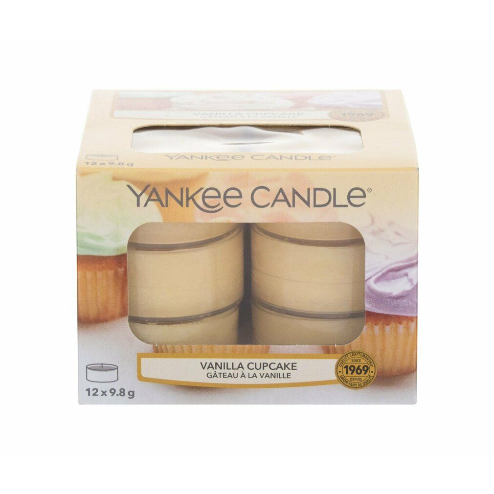 Verpackung mit Teelichtern. Aufschrift: Yankee Candle Vanilla Cupcake. 12 Stück. Sichtfenster.