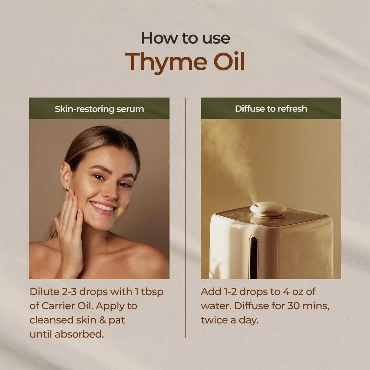 Zwei Anwendungsbeispiele für Thymianöl. Eine Frau trägt es auf die Haut auf, die andere verwendet einen Diffusor. Text: Wie man Thymianöl verwendet.