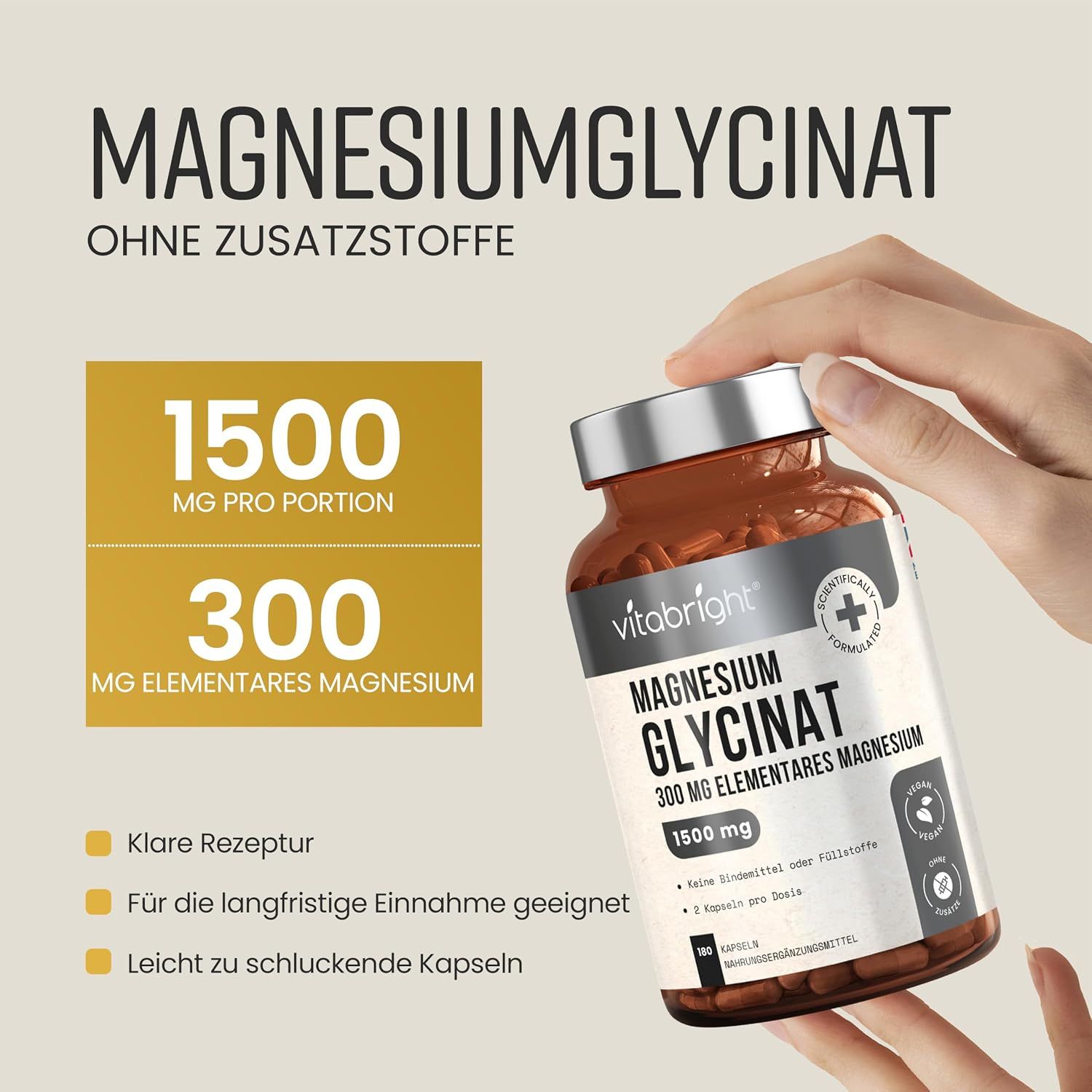 Vitabright Magnesium Glycinat Flasche mit 180 Kapseln, 300 mg elementares Magnesium pro Portion.