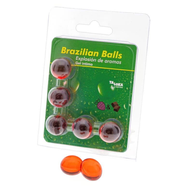 Blisterpackung mit sechs runden, transparenten Kugeln. Zwei weitere Kugeln liegen davor. Aufschrift: Brazilian Balls, Taloka.
