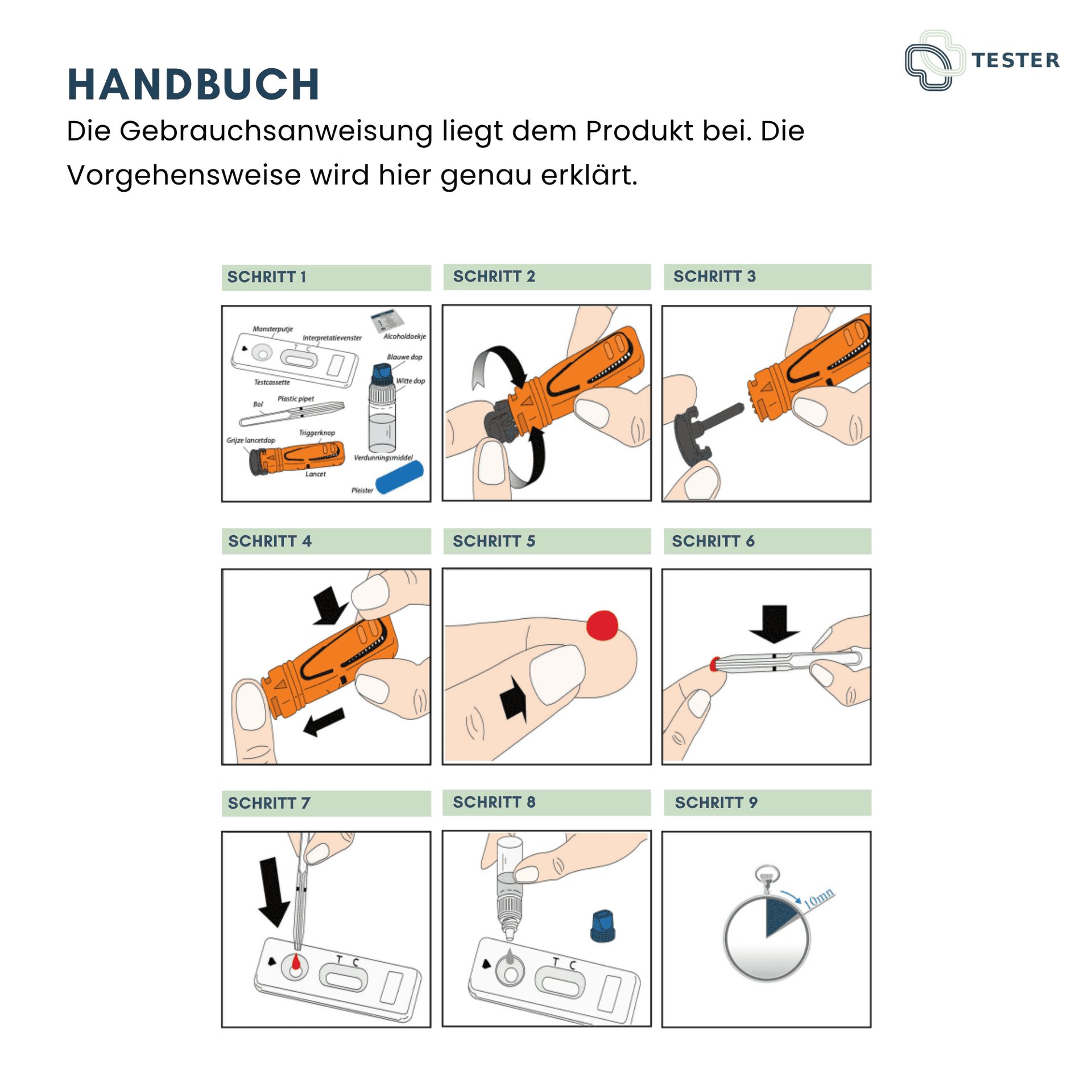 Handbuch für einen Syphilis-Test: 9 illustrierte Schritte zur Durchführung des Tests, inklusive Zeitmessung.