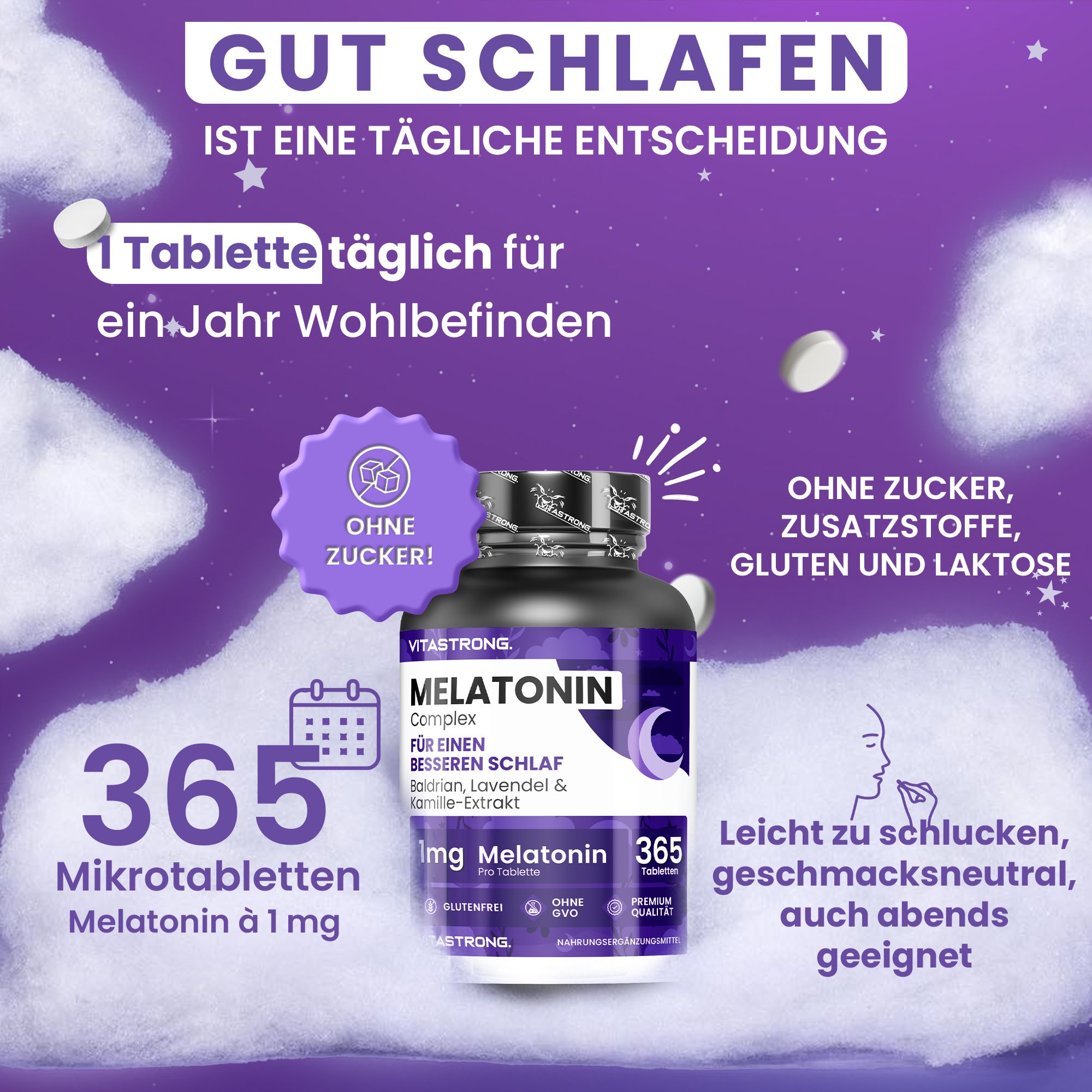 Vitastrong Melatonin Komplex. Flasche mit 365 Tabletten. 1mg Melatonin. Ohne Zucker. Auch abends geeignet.