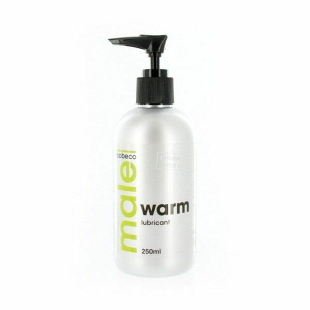 Silberne Flasche mit schwarzem Pumpkopf. Aufschrift: male warm lubricant, 250ml. Marke: Cobeco.