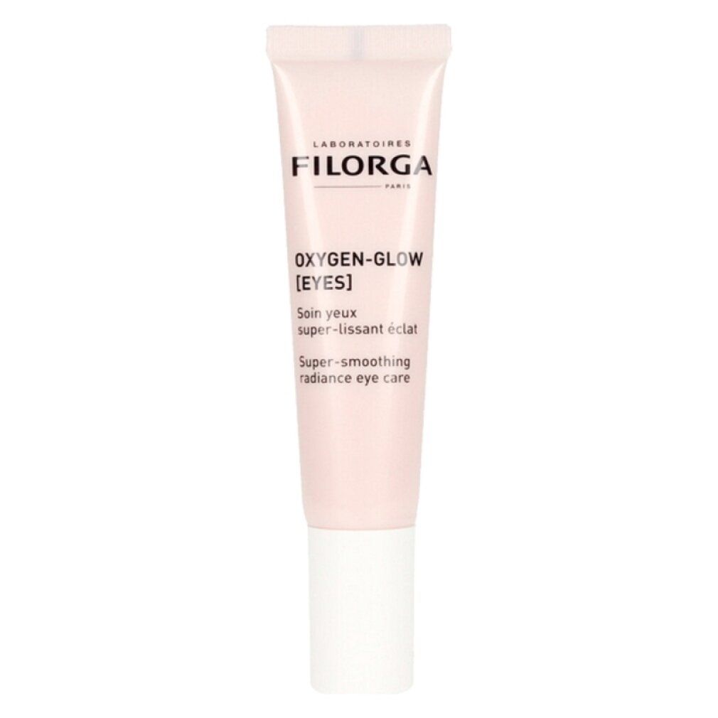 Rosa Tube mit weißem Deckel. Aufschrift: FILORGA, OXYGEN-GLOW [EYES], Super-smoothing radiance eye care.