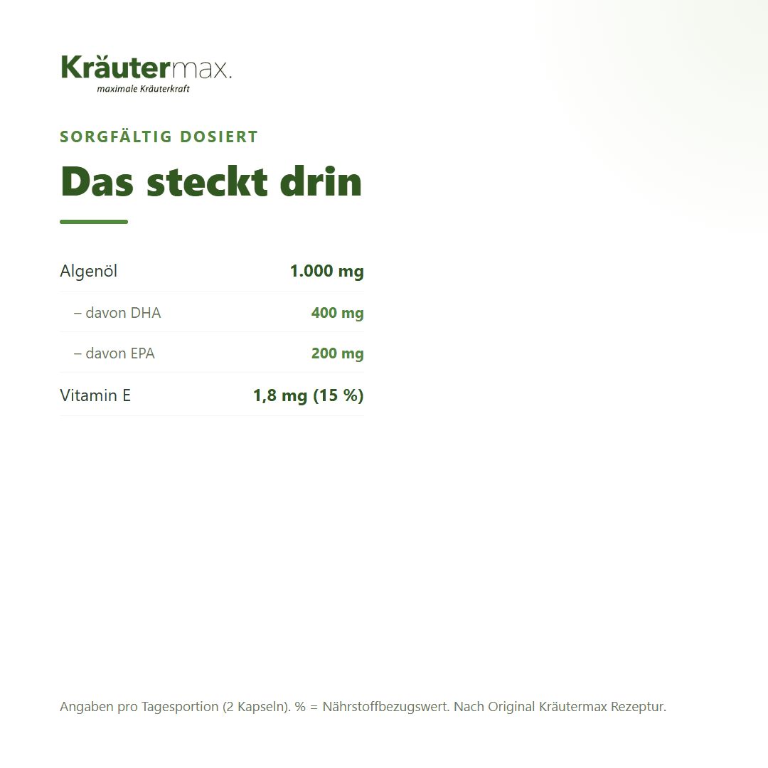 Anwendungshinweis: 2 Kapseln täglich. Kräutermax Omega 3 vegan Flasche.