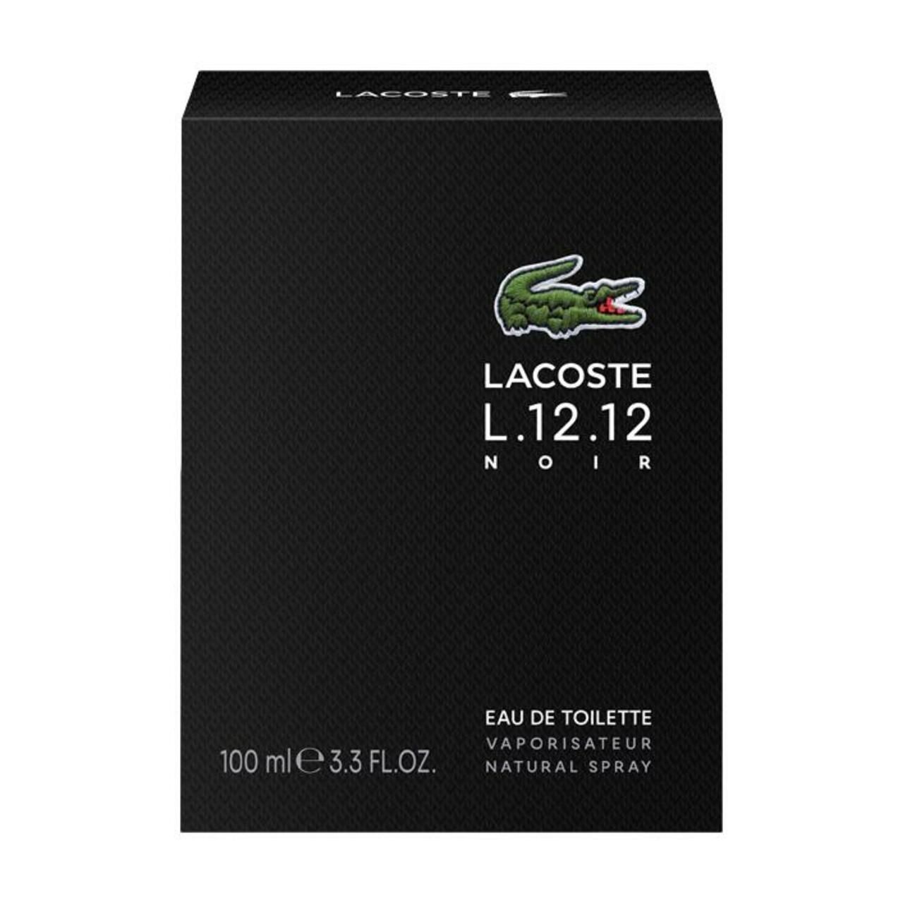 Schwarze Verpackung. Grünes Krokodil-Logo. Text: Lacoste L.12.12 Noir, Eau de Toilette, 100 ml.