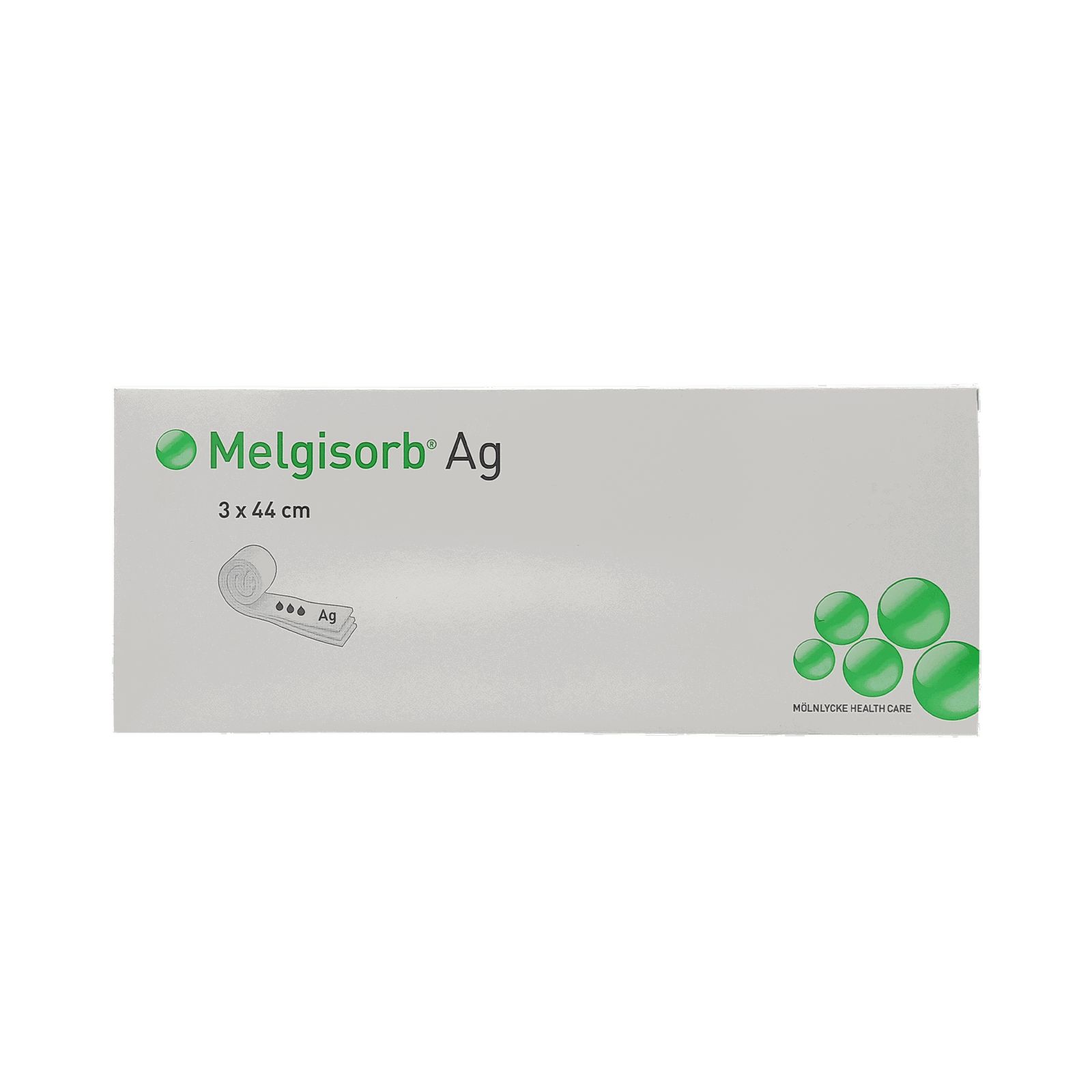 Verpackung von Melgisorb® Ag. Aufschrift: 3 x 44 cm. Logo und Produktname. Illustration des Produkts.