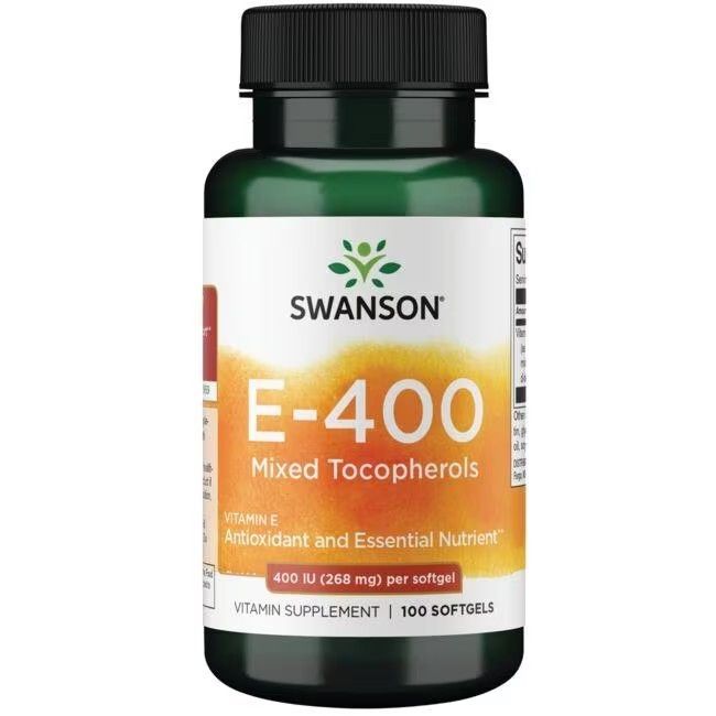 Grüne Flasche mit schwarzem Deckel. Aufschrift: SWANSON E-400 Gemischte Tocopherole. 100 Softgels.