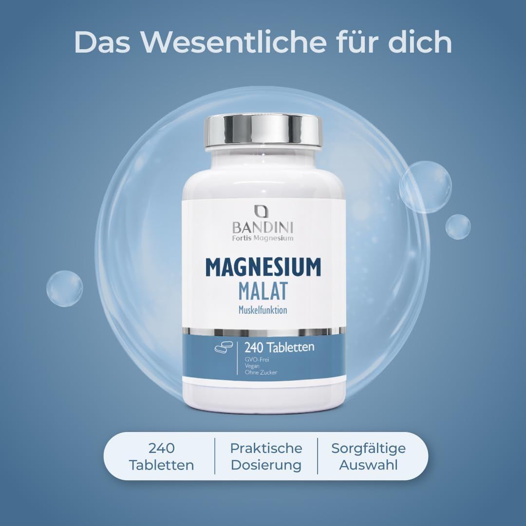 Bandini Magnesium Malat Flasche mit Icons: Natürliche Formel, ohne Zusatzstoffe, hochwertige Zutaten.