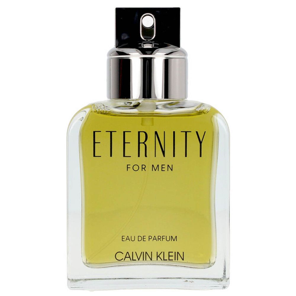 Glasflakon mit gelber Flüssigkeit. Aufschrift: ETERNITY FOR MEN, Eau de Parfum, CALVIN KLEIN.
