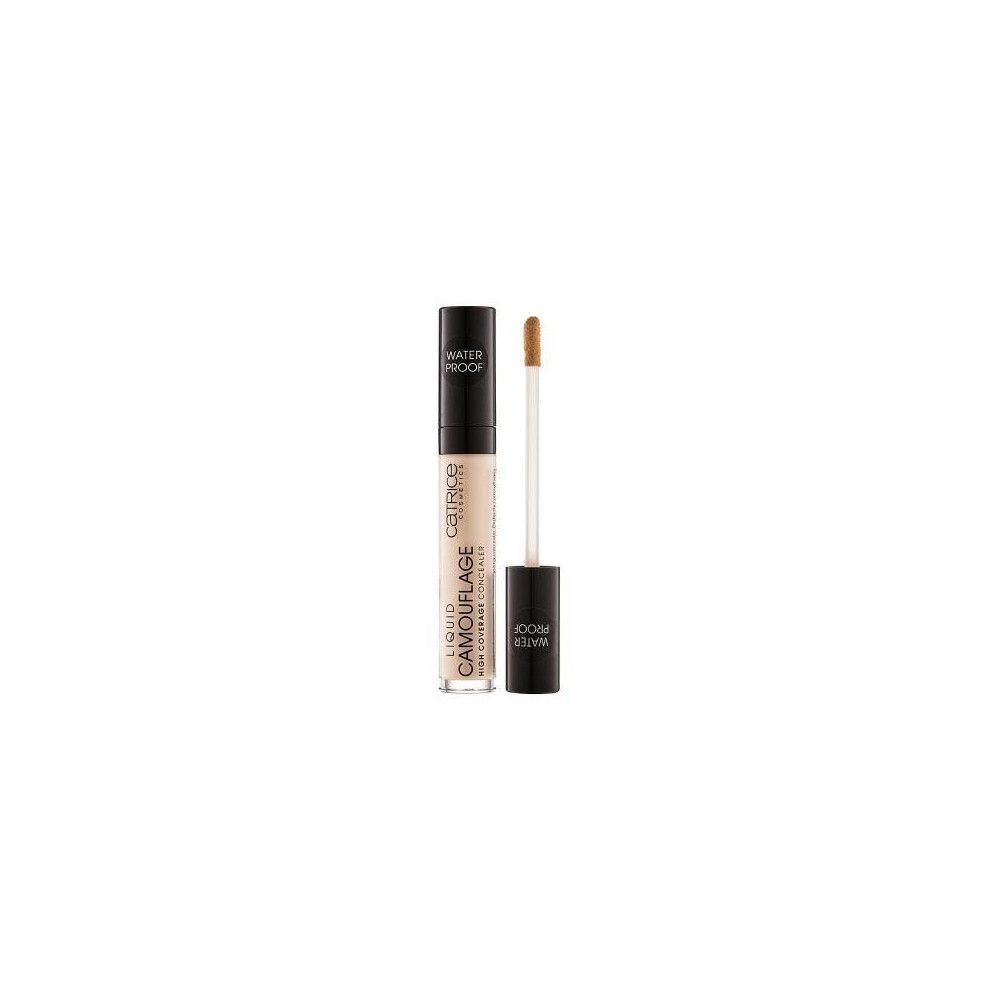 Catrice Flüssiger High-Coverage Concealer. Beige Tube mit schwarzem Deckel und Applikator. Aufschrift: WATER PROOF, LIQUID CAMOUFLAGE, HIGH COVERAGE CONCEALER.