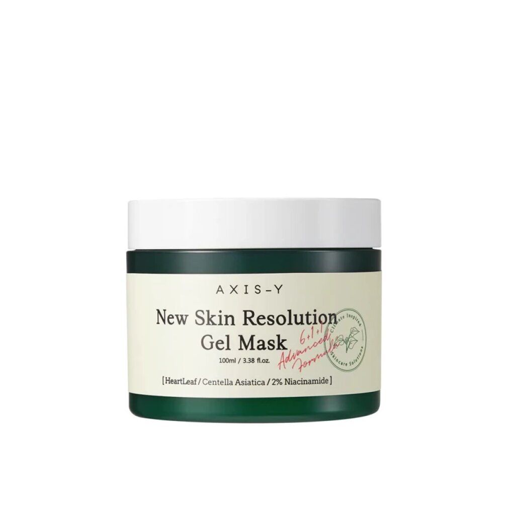 Ein grüner Tiegel mit weißem Deckel, beschriftet mit 'Axis-Y New Skin Resolution Gel Mask'.