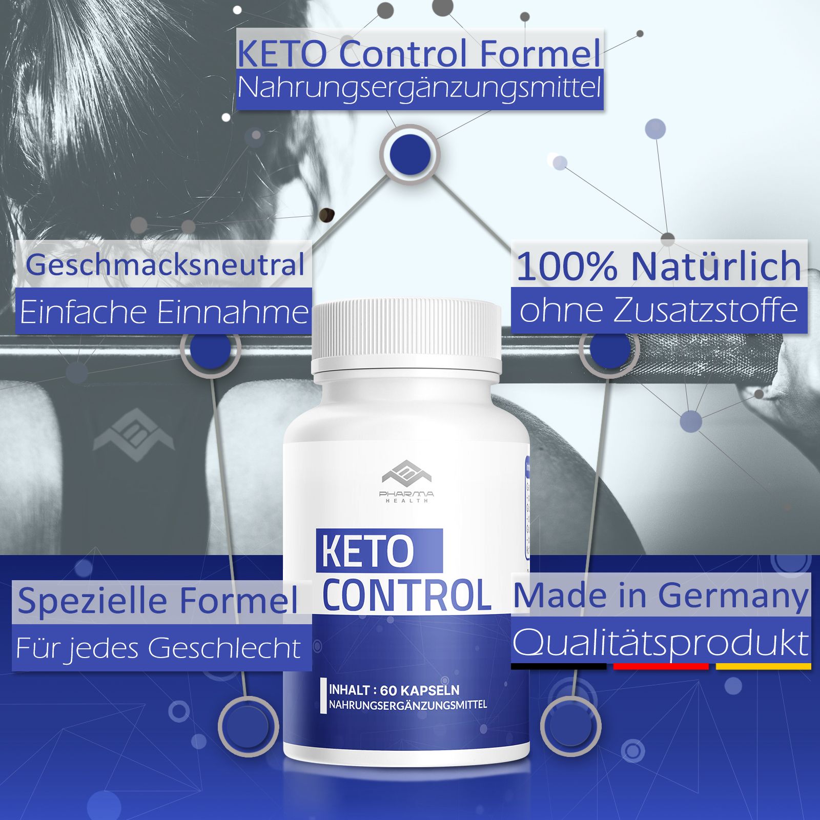 Weiße Flasche mit Keto Control, Pharma Health. Aufschrift: Keto Control Formel, 100% natürlich, Made in Germany. Hintergrund: Person.