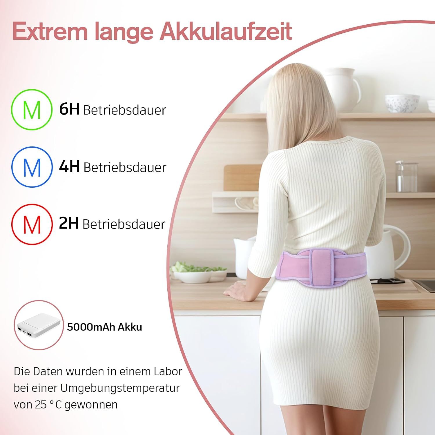 Frau mit Heizgürtel im Rückenbereich. Anzeige der Akkulaufzeit: 6h, 4h, 2h. 5000mAh Akku.
