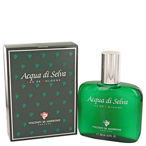 Grüne Glasflasche und Schachtel. Aufschrift: Acqua di Selva Eau de Cologne. Marke: Visconti di Modrone. Flasche mit silbernem Verschluss.