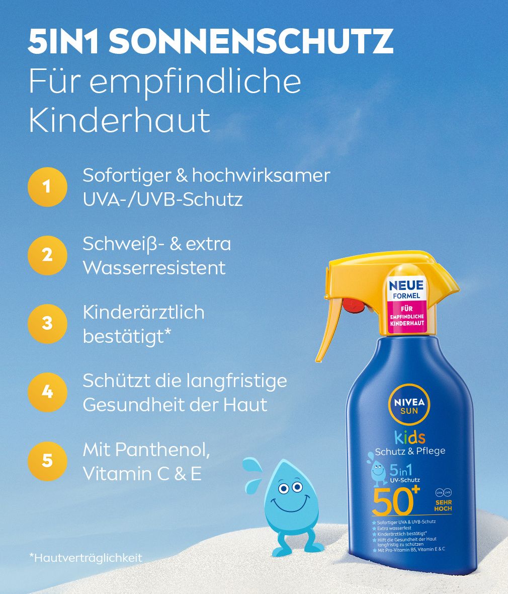 NIVEA Sun Kids Sonnenspray LSF 50+ mit 5in1 Schutz für empfindliche Kinderhaut.