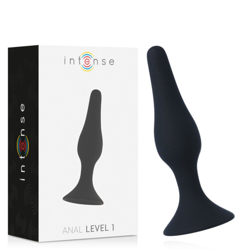 Schwarzer Analplug neben weißer Verpackung. Verpackung mit Logo und Schriftzug "Intense" und "ANAL LEVEL 1".