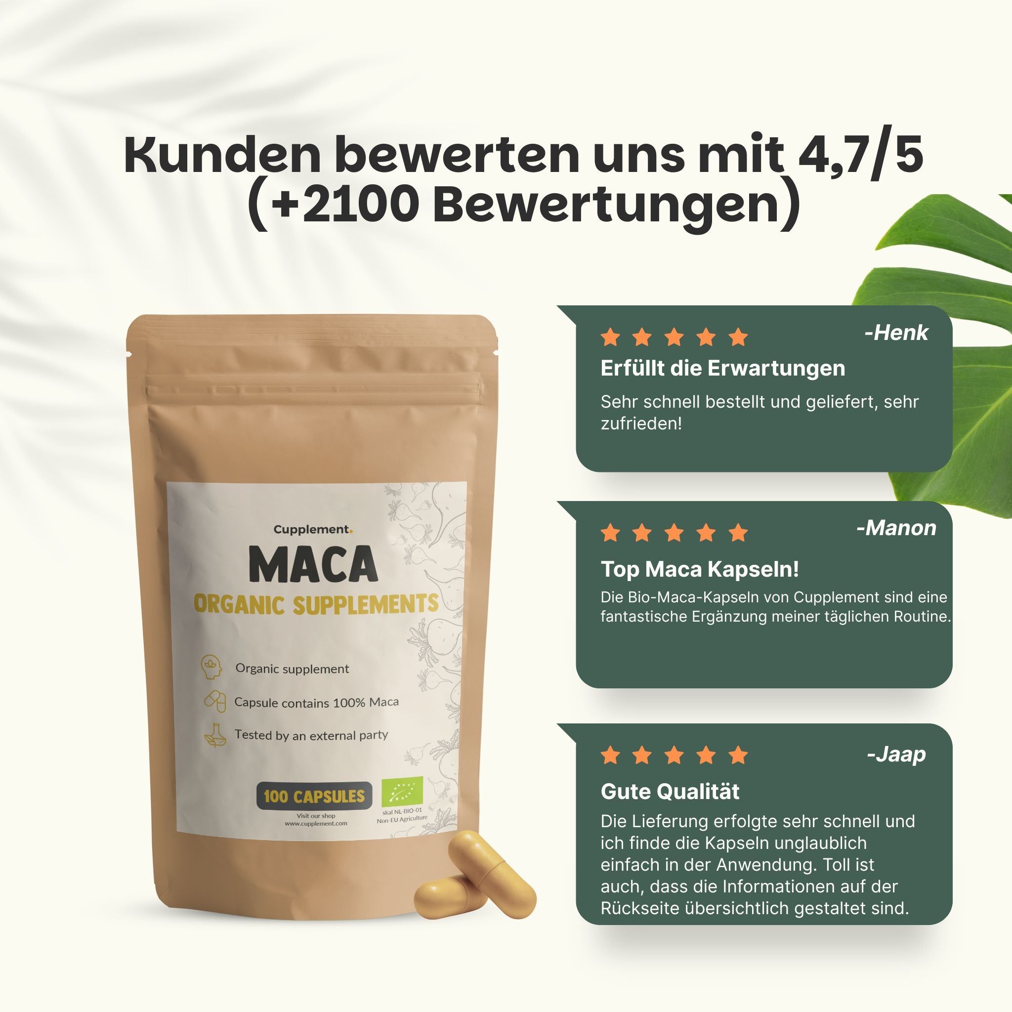 Kapsel mit Pulver. Text: 100% natürlich, keine Füllstoffe, vegane Kapsel, biologisch. Bio-Zertifizierung.