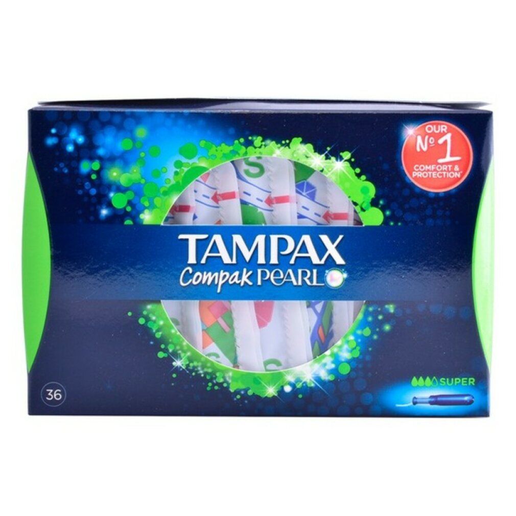 Tampax Compak Pearl Super, 36 Stück. Verpackung mit Tampons. Blaue Verpackung mit grünen Akzenten und Produktlogo.