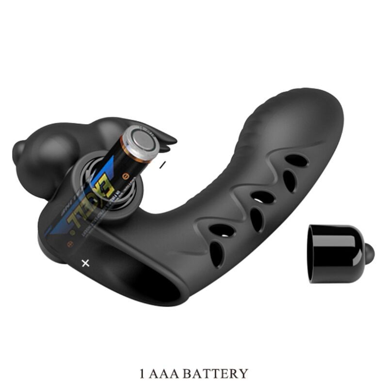 Schwarzes Wellness-Produkt mit Hasen-Design, Batteriefach und AAA-Batterie. Mit runden Öffnungen.