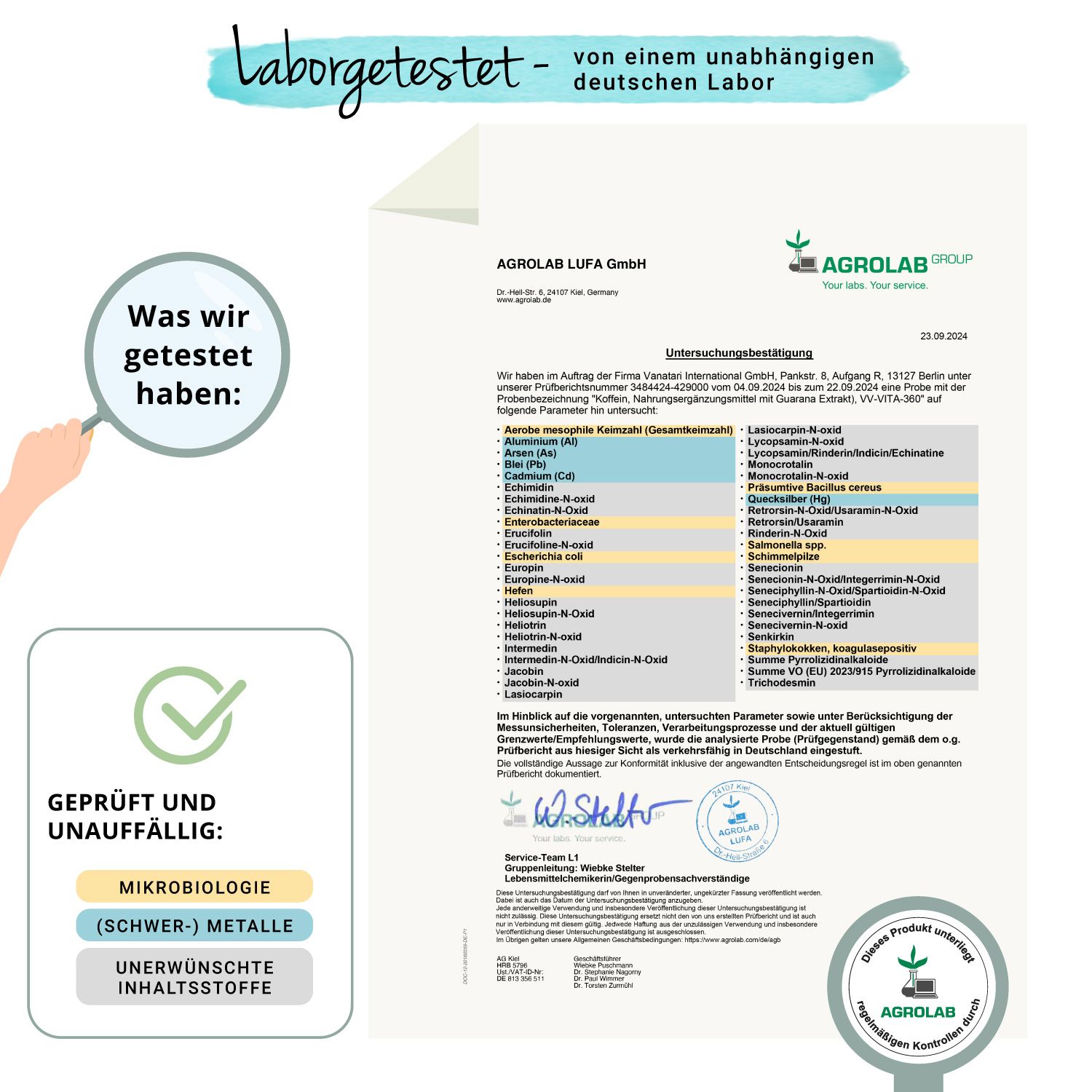 Zertifikat von Agrolab LUFA GmbH. Geprüft und unauffällig: Mikrobiologie, Schwermetalle, unerwünschte Inhaltsstoffe. Vegavaro Logo.