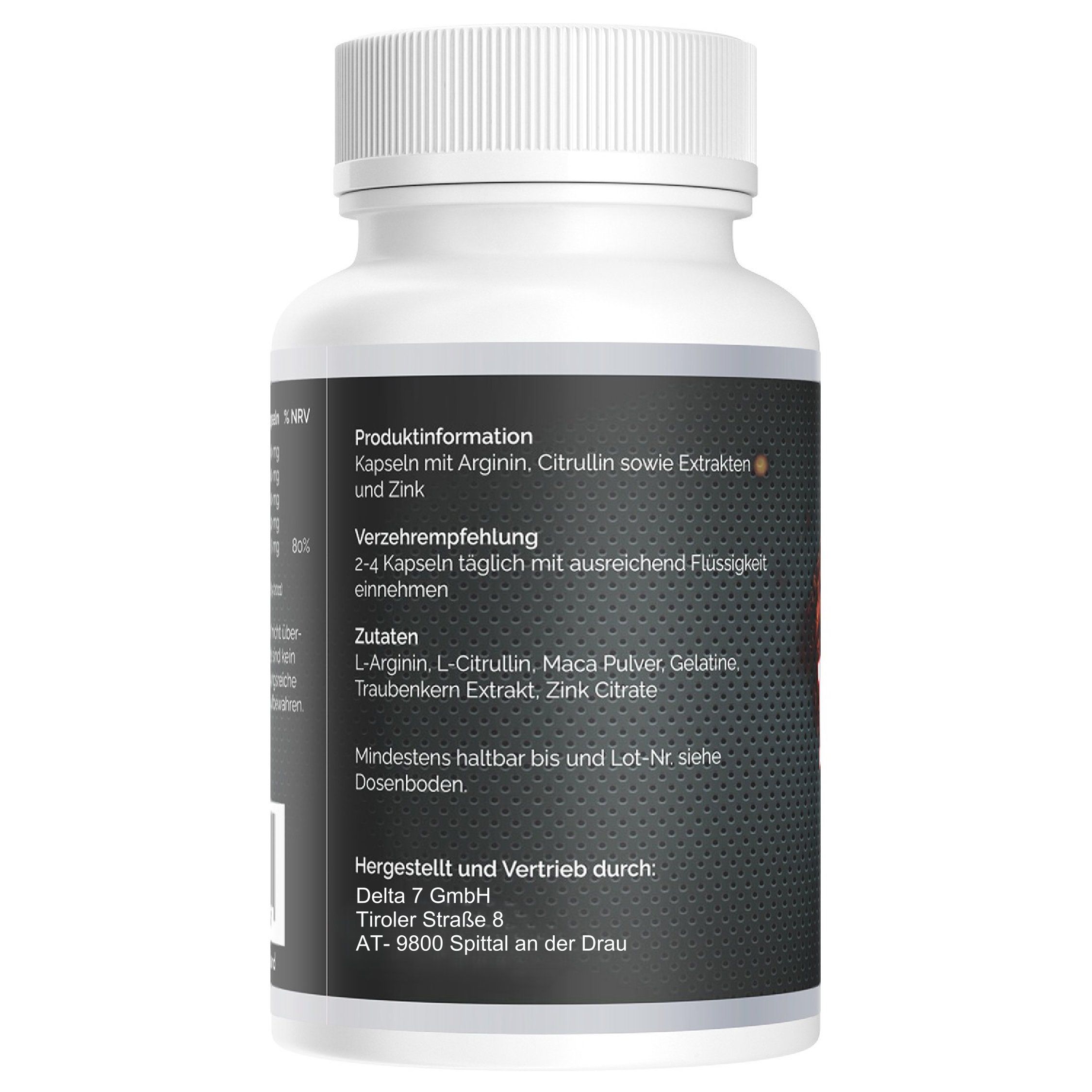 Rückseite einer weißen Flasche. Schwarzes Etikett mit Produktinformationen und Zutaten. Text in deutscher Sprache.