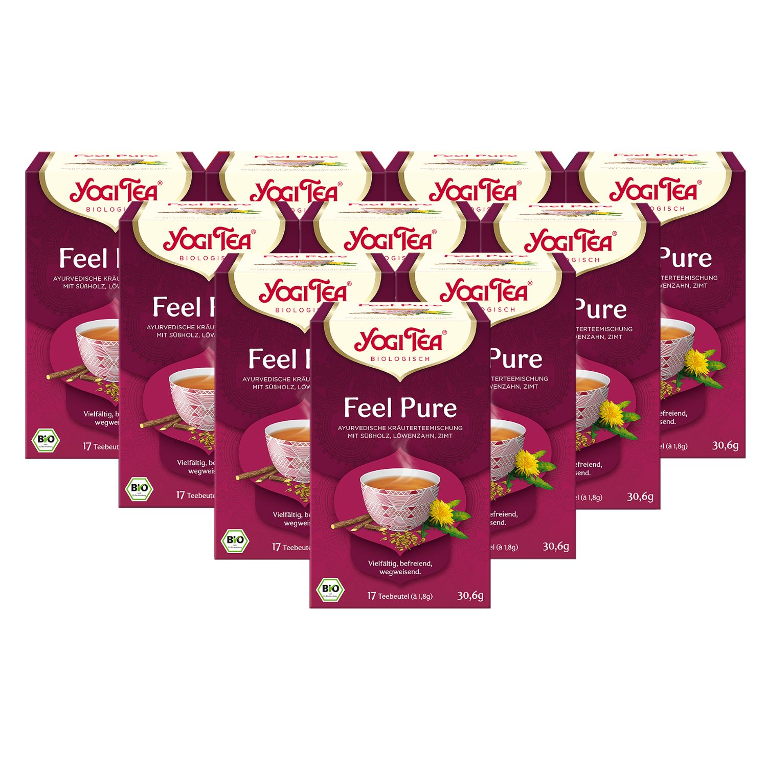 Mehrere Packungen Yogi Tea - Feel Pure Bio Kräutertee. Rote Verpackung mit Logo, Tasse, Blüte und Text. 17 Teebeutel, 30,6g.