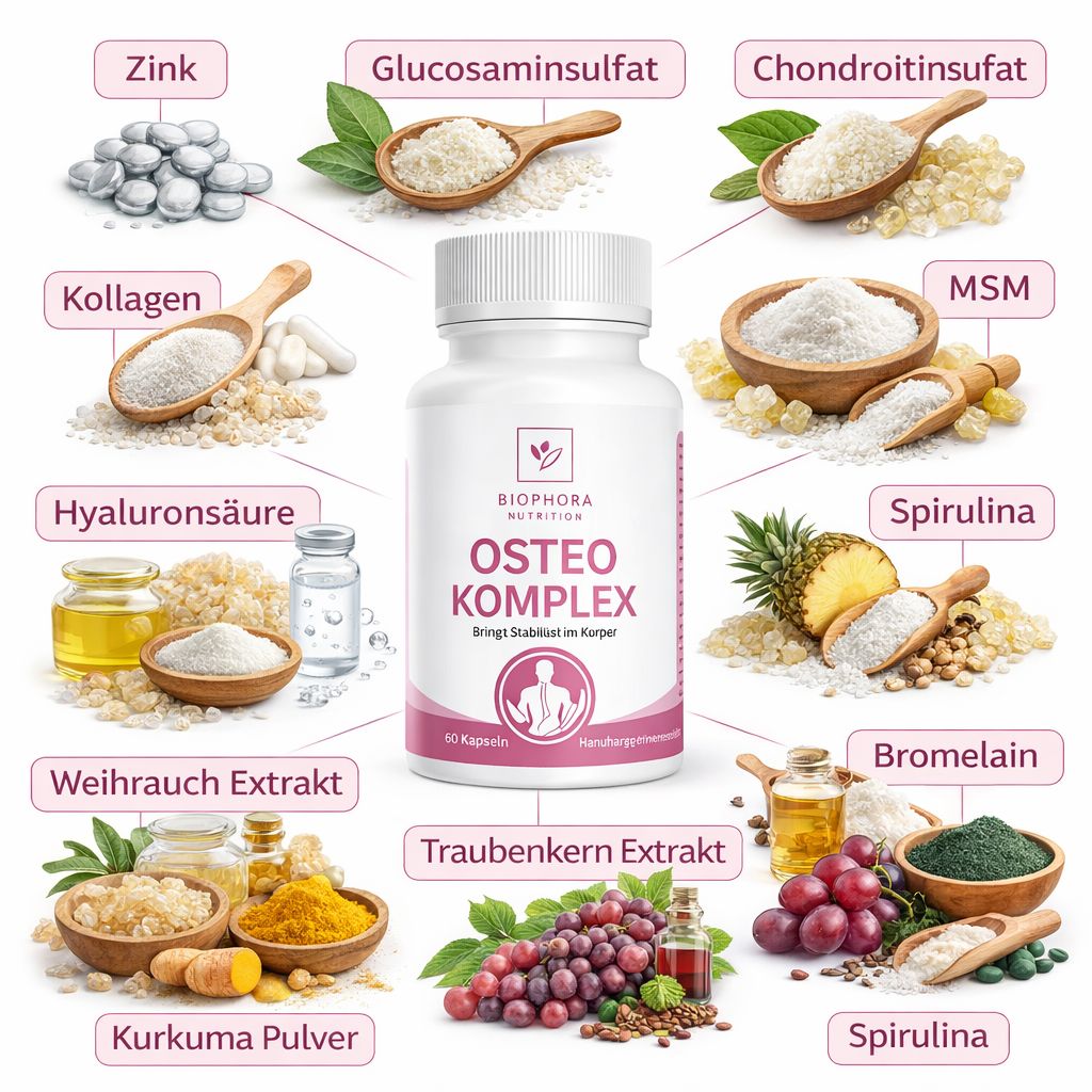 Weiße Flasche OSTEO KOMPLEX, umgeben von Zutaten: Zink, Glucosamin, Chondroitin, Kollagen, MSM, Hyaluronsäure, Spirulina, etc.