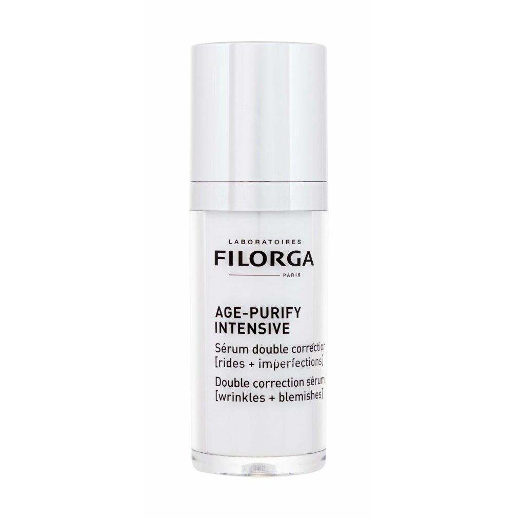 Filorga Age-Purify Intensive Serum. Weiße Flasche mit silbernem Deckel. Produktname und Text auf der Vorderseite.