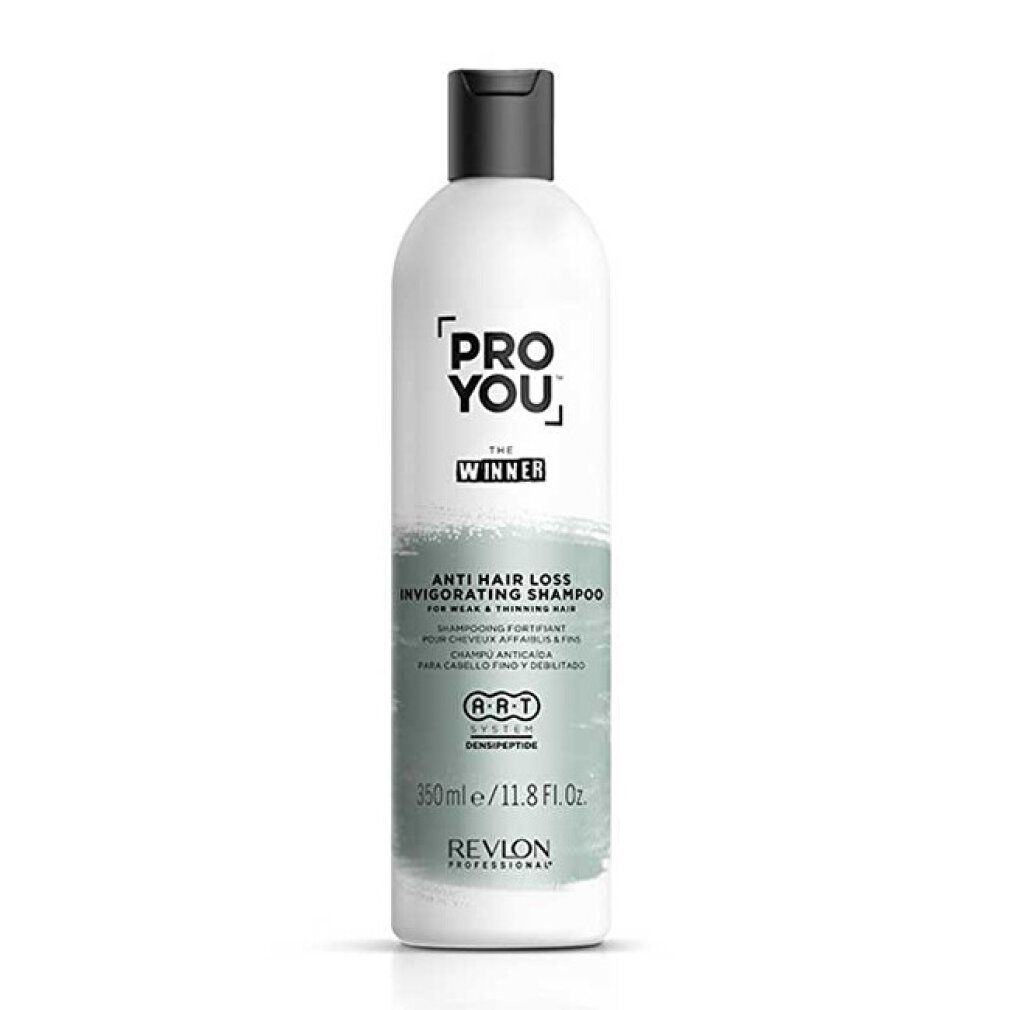 Weiße Shampoo-Flasche mit schwarzem Deckel. Aufschrift: PRO YOU, Anti-Haarausfall Shampoo. 350ml/11.8 Fl.Oz. Revlon Professional.