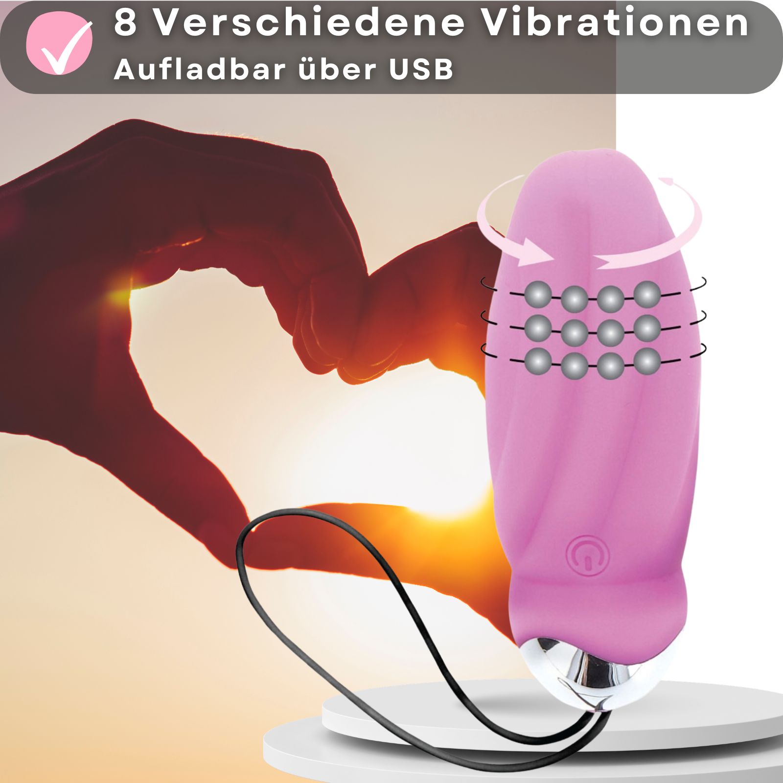 Rosa Vibrator-Ei. 9 cm lang, 3,3 cm Durchmesser. Mit Fernbedienung. Silikon und ABS. 8 Vibrationsmodi. Wiederaufladbar.