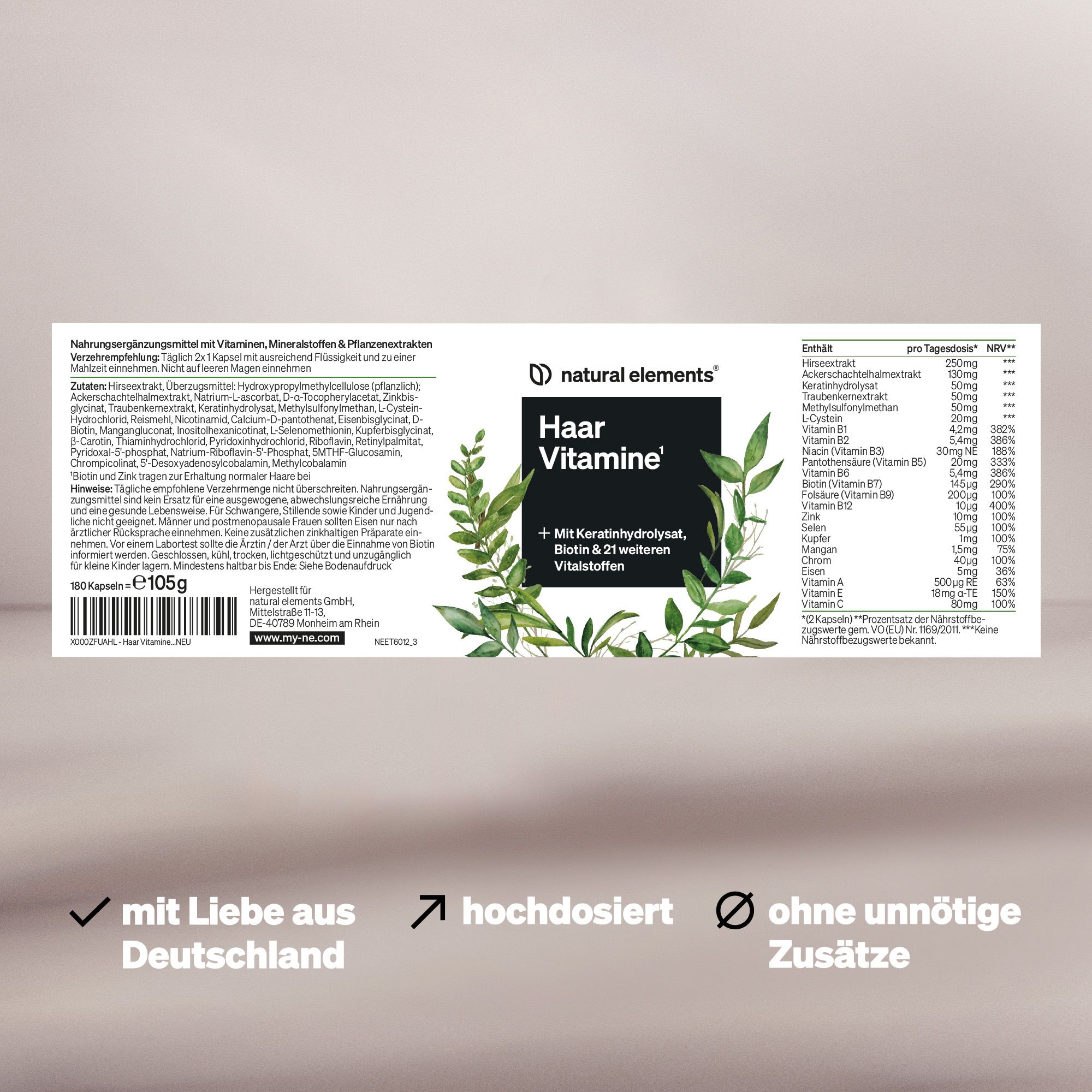 Produktetikett mit Inhaltsstoffen und Nährwertangaben. Text: Haar Vitamine. Mit Liebe aus Deutschland. Hochdosiert. Ohne Zusätze.