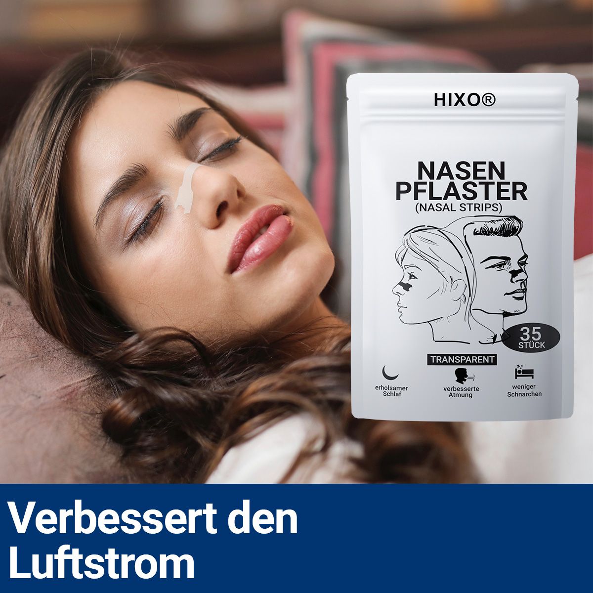 Frau schläft mit Nasenpflaster. Text: HIXO, Nasenpflaster, 35 Stück, transparent. Text: Verbessert den Luftstrom.
