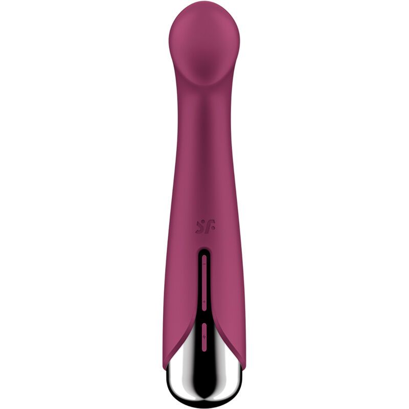 Bordeauxfarbener Vibrator mit silberfarbenem Kopf. Gerades Design. SF-Logo.
