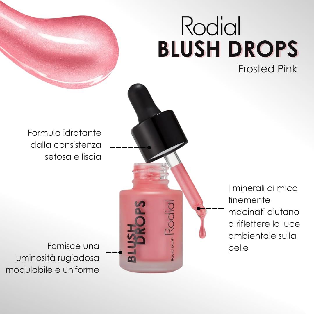 Produkt mit Applikator und rosa Farbton. Text: Blush Drops, Rodial. Zusätzliche Informationen.
