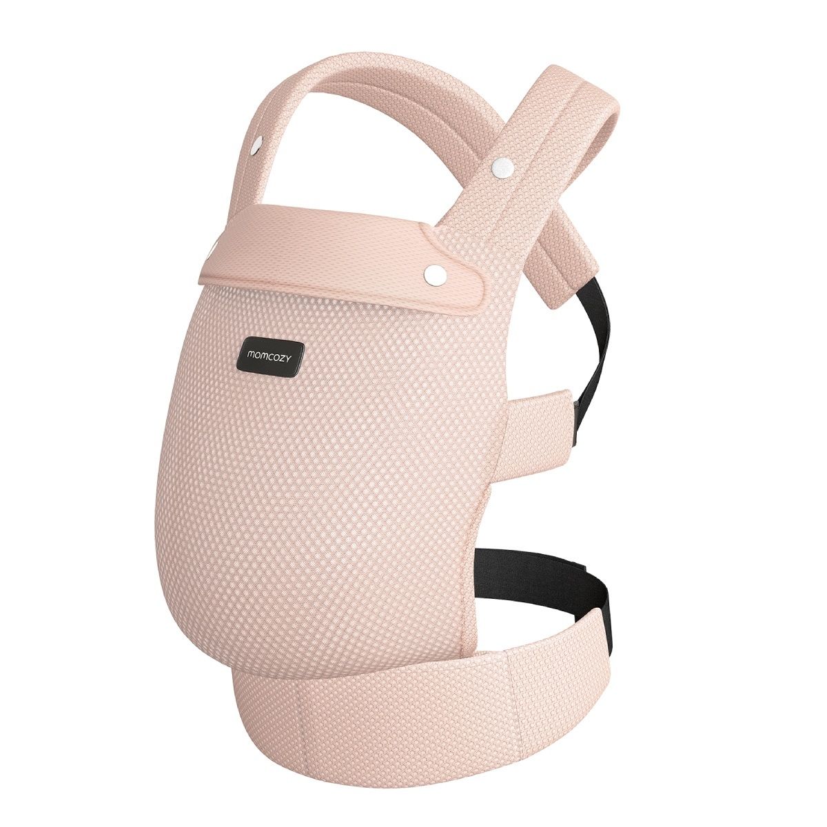 Rosa Babytrage aus Mesh. Schwarze Gurte und Schnallen. Momcozy-Logo auf der Vorderseite. Ergonomisches Design.
