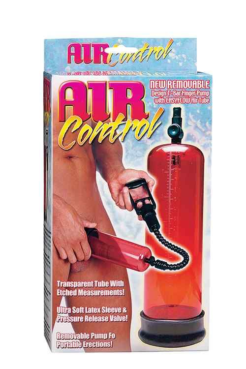 Verpackung mit Produkt. Roter Zylinder mit schwarzem Schlauch und Griff. Text: AIR Control, transparente Röhre mit Messungen.
